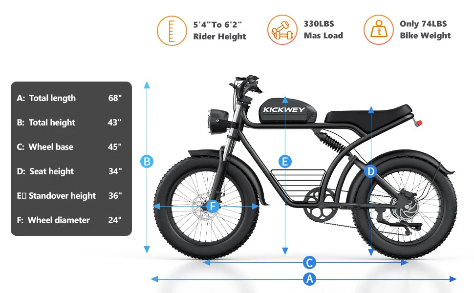 Kickwey K7 Electric Bike – 48V 23Ah Battery, 20” Fat Tire E-Bike, Long Range Electric Mountain Bicycle