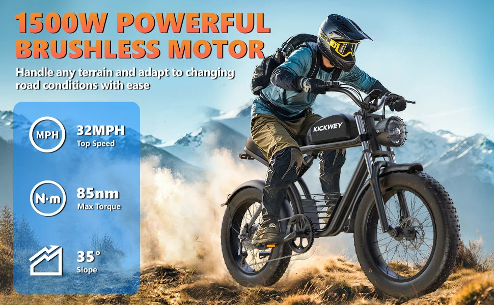 Kickwey K7 Electric Bike – 48V 23Ah Battery, 20” Fat Tire E-Bike, Long Range Electric Mountain Bicycle