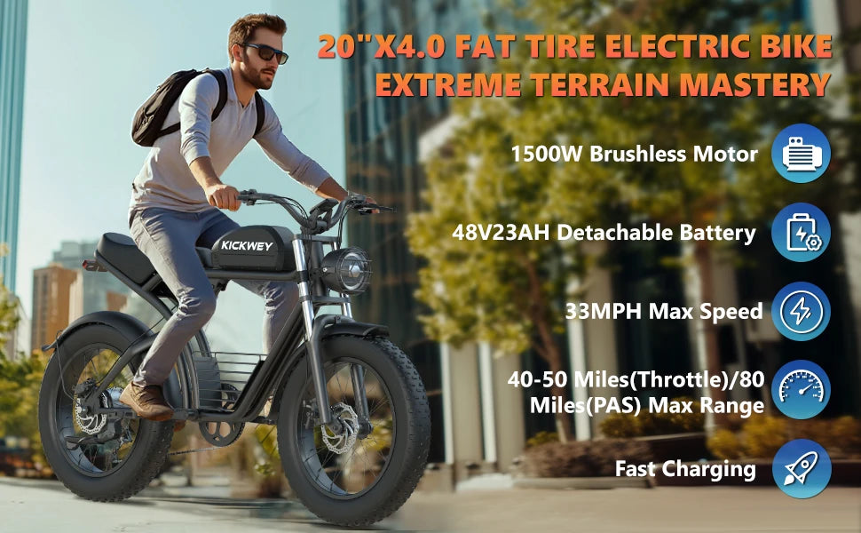 Kickwey K7 Electric Bike – 48V 23Ah Battery, 20” Fat Tire E-Bike, Long Range Electric Mountain Bicycle