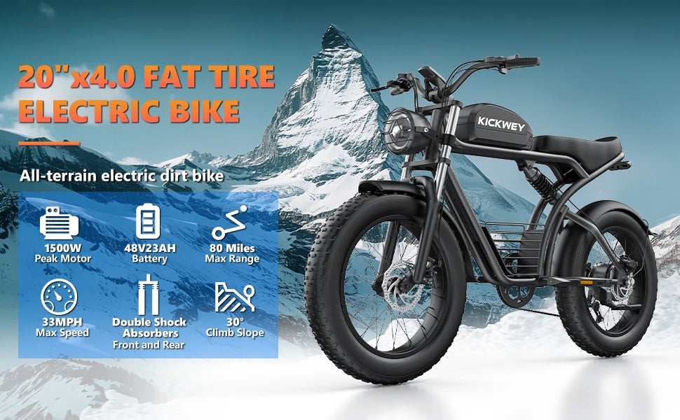 Kickwey K7 Electric Bike – 48V 23Ah Battery, 20” Fat Tire E-Bike, Long Range Electric Mountain Bicycle