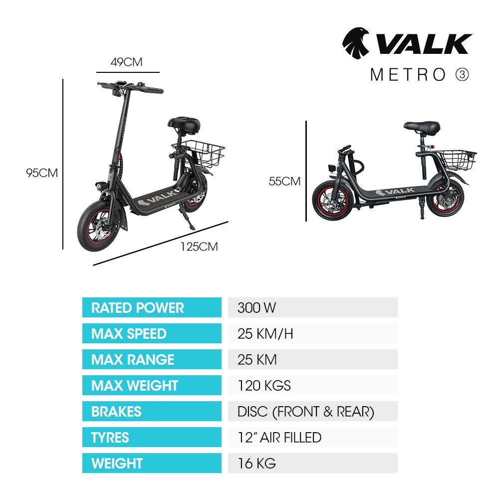 VALK Metro 3 Electric Scooter with Seat 300W Foldable E-Scooter – Black