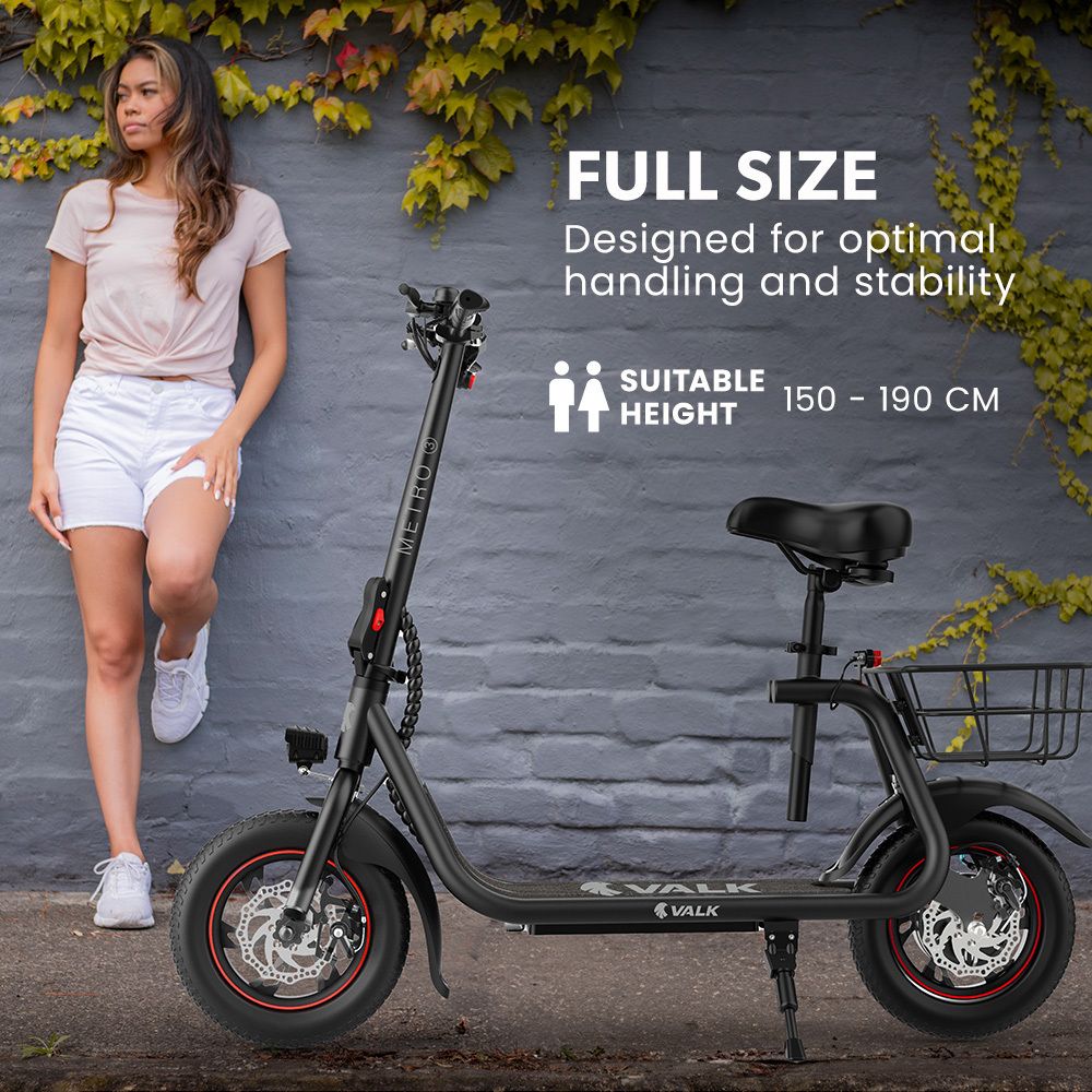 VALK Metro 3 Electric Scooter with Seat 300W Foldable E-Scooter – Black